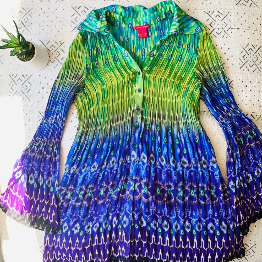Sunny Leigh Peacock Bell Sleeve Boho Button Blouse